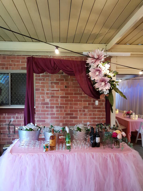 Hayley-includes drapery and artifical florals arch with burgundy  drapery